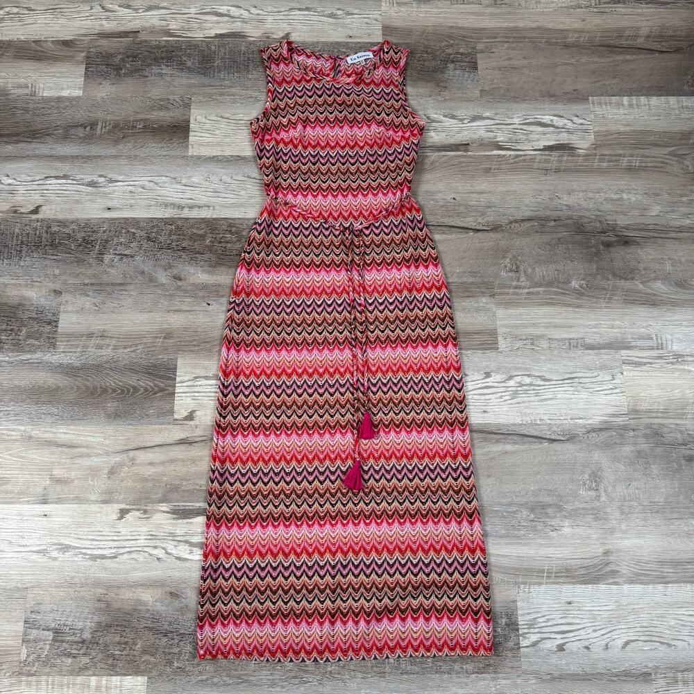 En Saison Pink Chevron Knit Maxi Cover Up Dress Tassel Tie Resort Medium